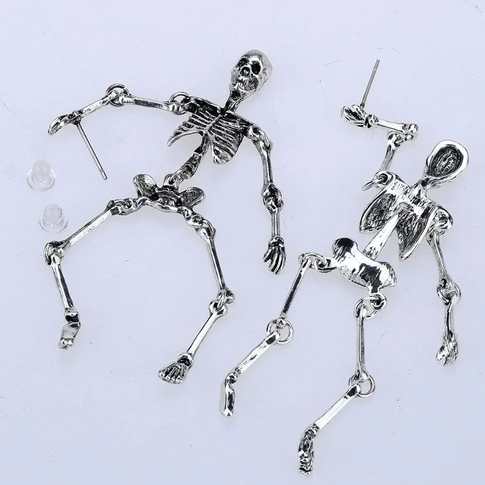 Women's Post Silver Jointed Skeleton Dangle Long Earrings 3-1/2 Inch Ultra Light